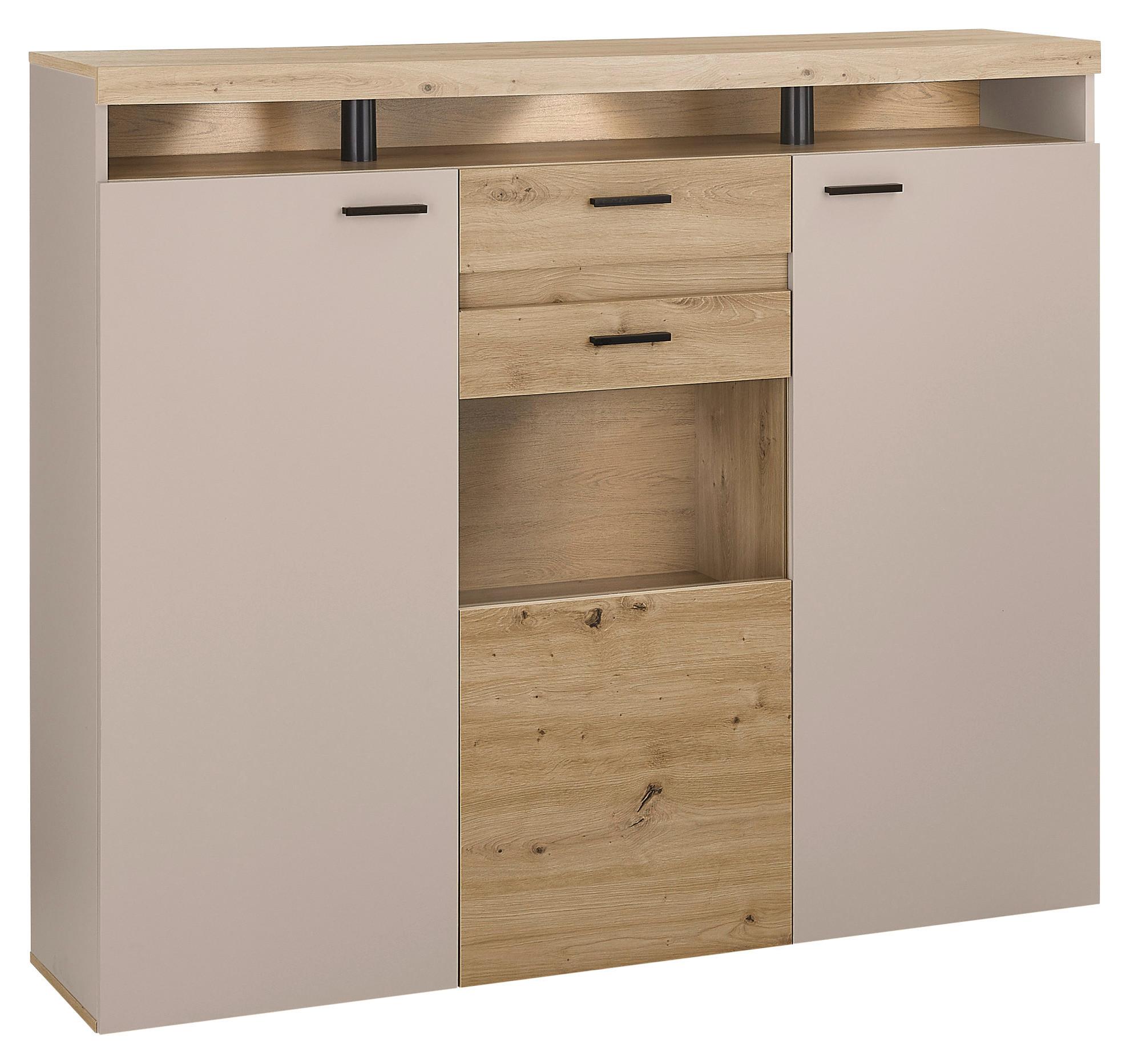 Highboard Strada Giga *ph* Eiche Artisan/Kashmir, B:151cm - Kaschmir/Schwarz, Trend, Glas/Holzwerkstoff (151/129/37cm)