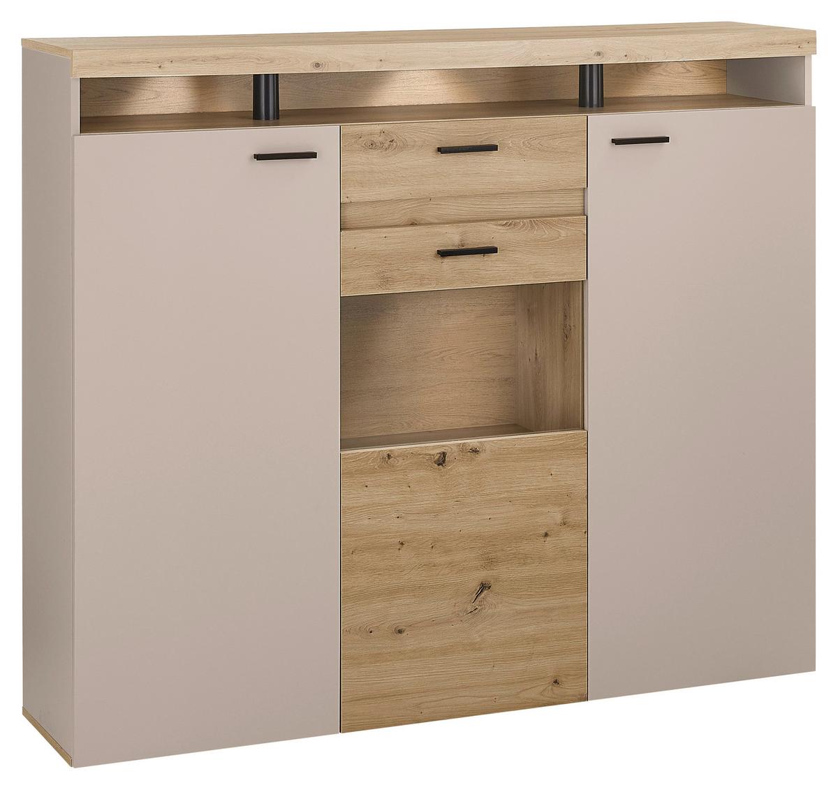 Highboard Strada Giga *ph* Eiche Artisan/Kashmir, B:151cm - Kaschmir/Schwarz, Trend, Glas/Holzwerkstoff (151/129/37cm)