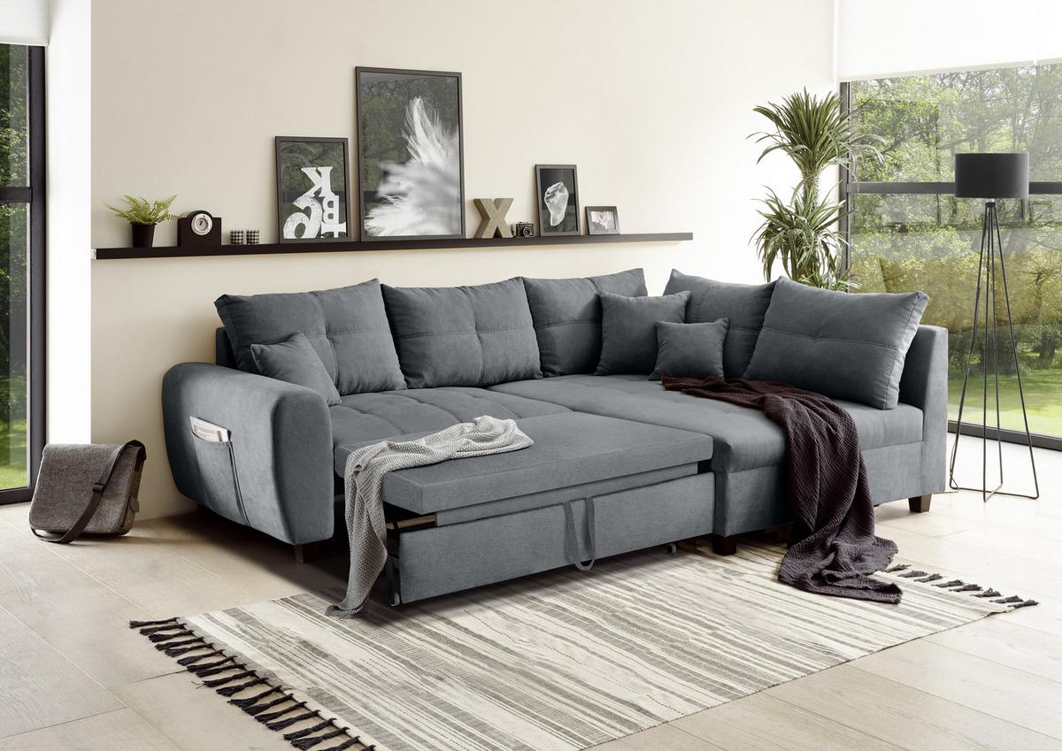 Ecksofa Mit Schlaffunktion + Kissen Lea, Polyester-Nylon - Anthrazit/Schwarz, Basics, Holzwerkstoff/Textil (248/176cm) - MID.YOU