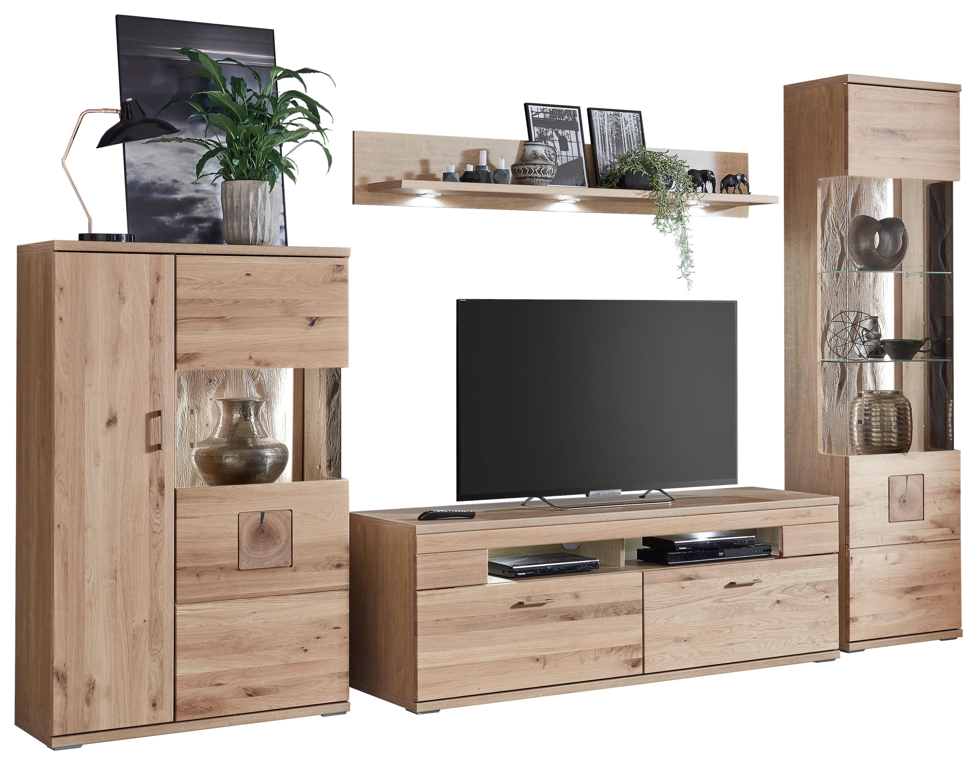 Wohnwand Kansas - Alteiche/Silberfarben, KONVENTIONELL, Glas/Holz (330/208,3/50,2cm) - Livetastic