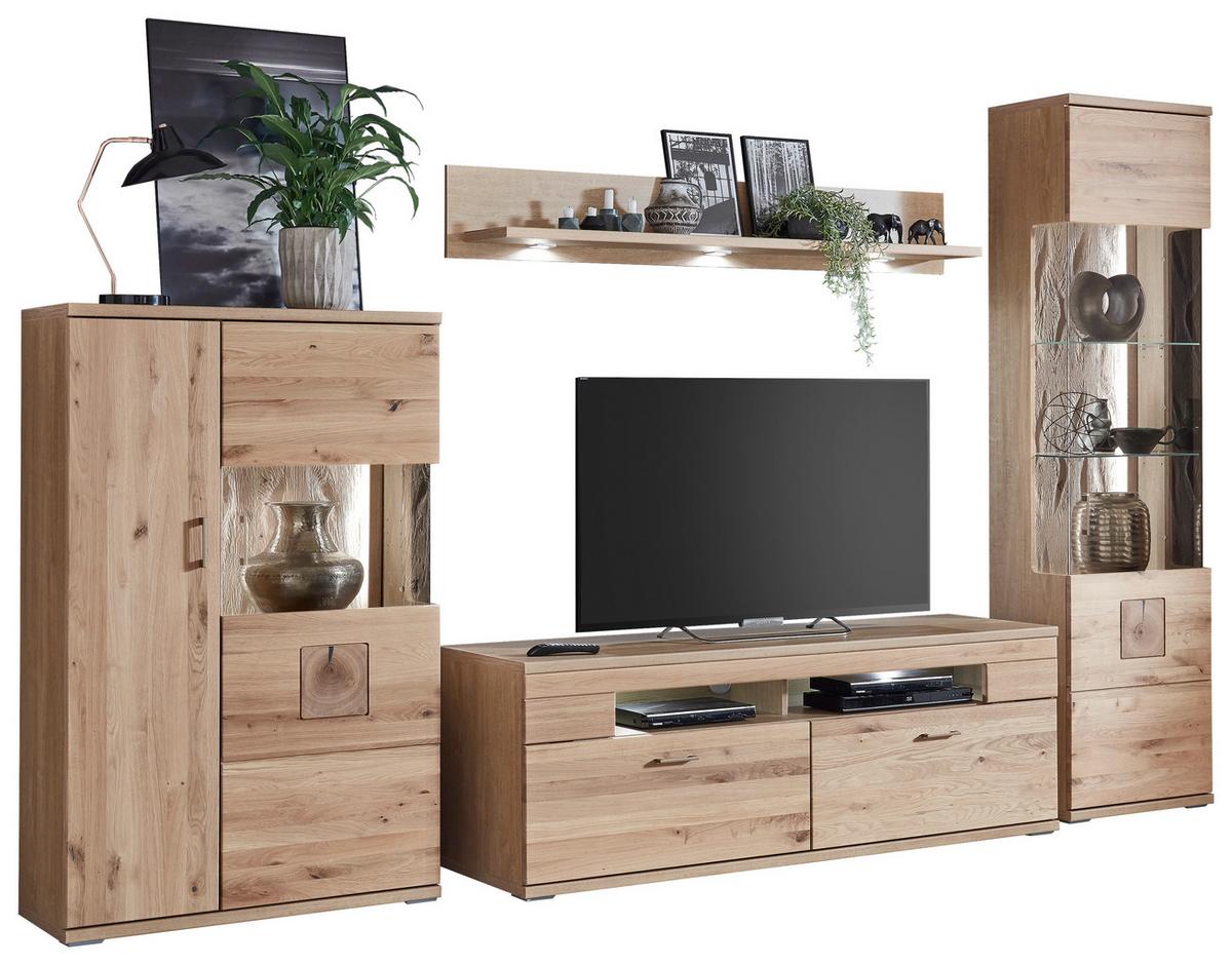 Wohnwand Kansas - Alteiche/Silberfarben, KONVENTIONELL, Glas/Holz (330/208,3/50,2cm) - Livetastic