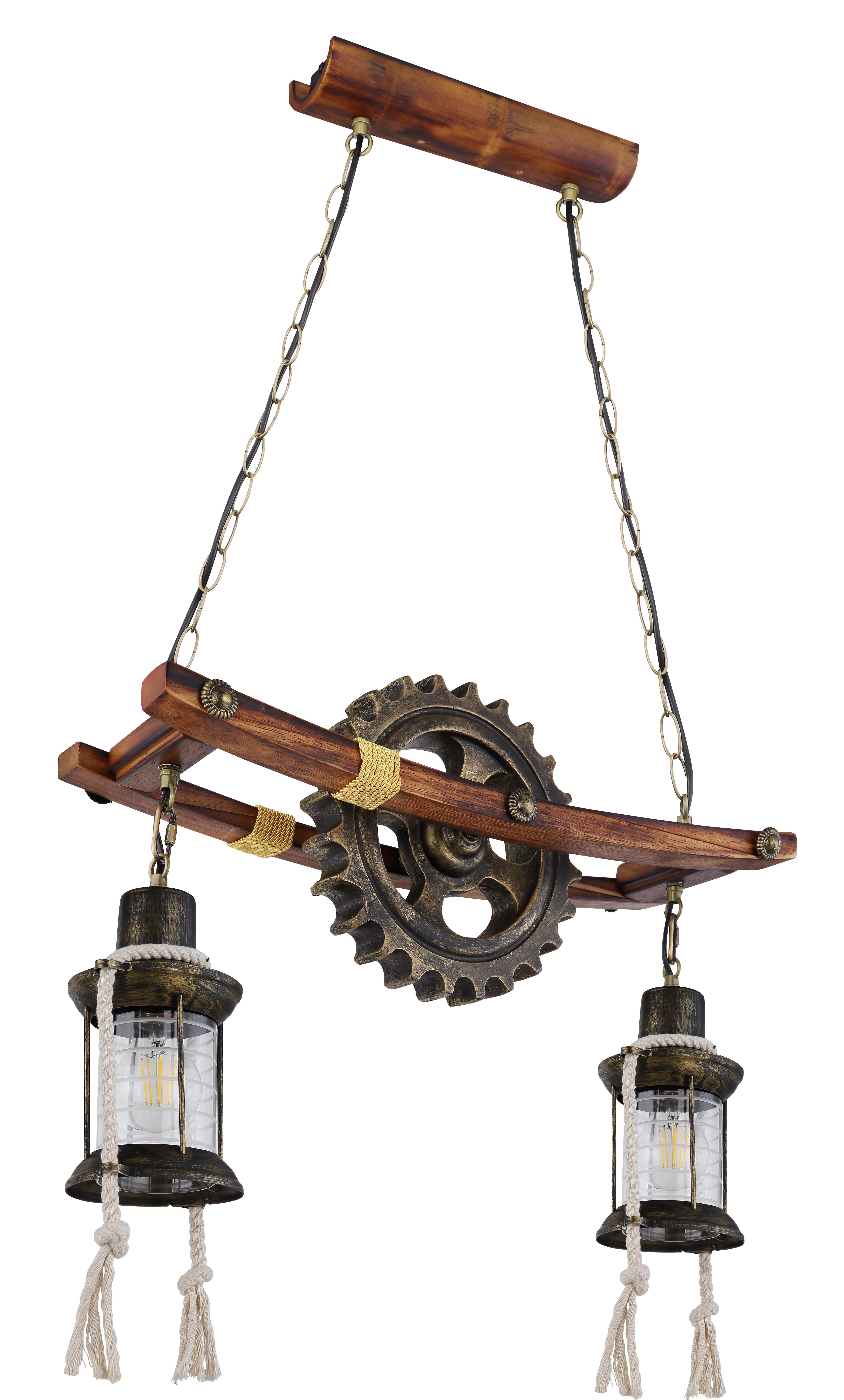 Hängeleuchte H: 110 Cm 2-Flammig, Mit Zahnrad - Klar/Messingfarben, Design, Glas/Naturmaterialien (62/20/110cm) - Globo