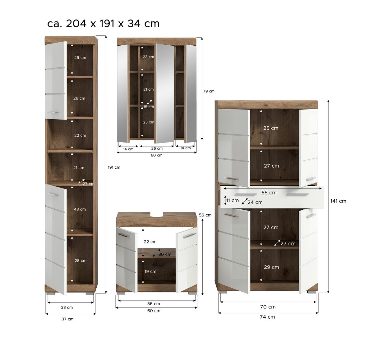 Badezimmer Wave Eichefarben Dekor Weiß Hg - Weiß Hochglanz/Eichefarben, MODERN, Glas/Holzwerkstoff (171cm) - MID.YOU