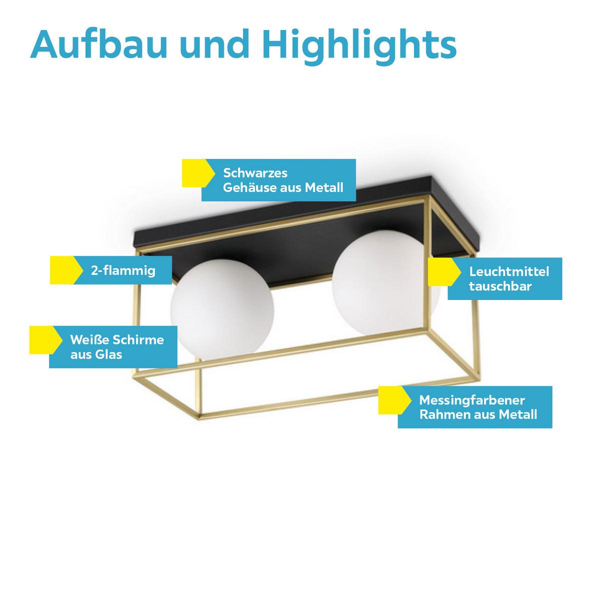 Deckenleuchte Lingotto L: 45,5 cm 2-Flamming Rechteckig - Messingfarben, Design, Glas/Metall (45,5/21,5/18,5cm) - Ideal Lux