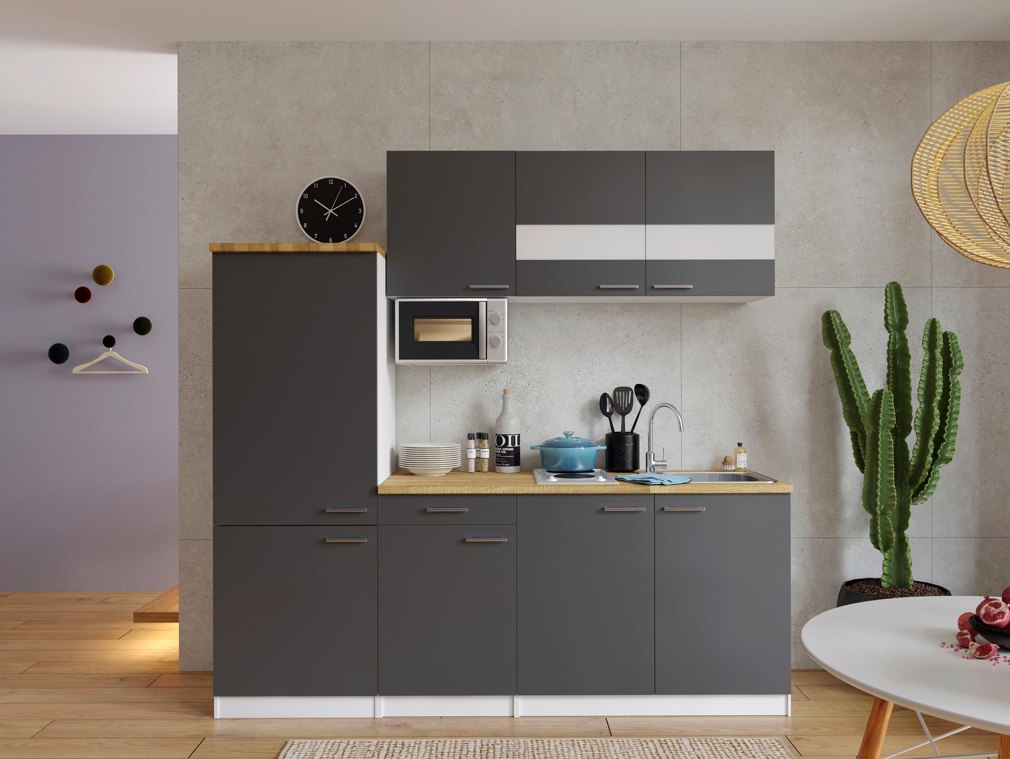 Küchenzeile mit Geräten 210 cm Grau/Nuss Dekor - Nussbaumfarben/Weiß, KONVENTIONELL, Holzwerkstoff (210cm) - Respekta