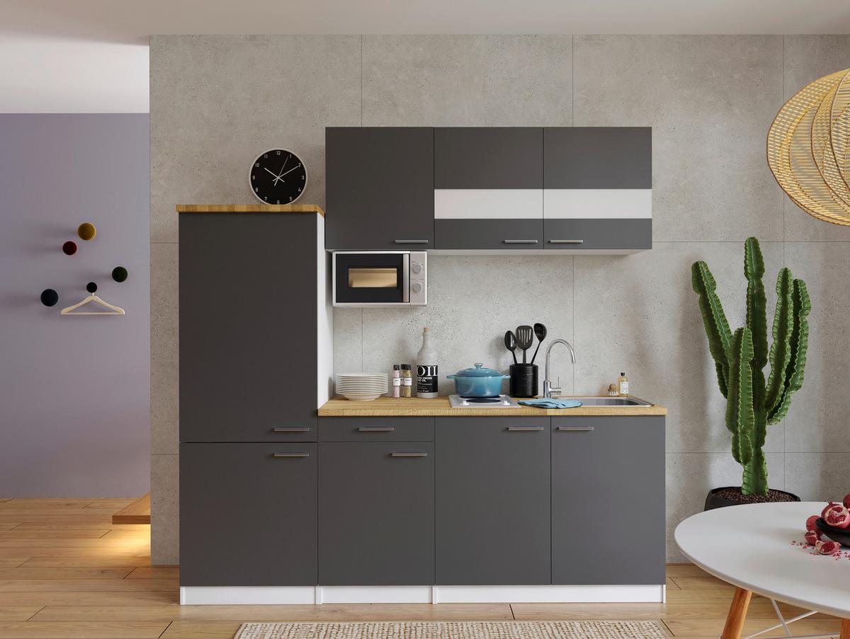 Küchenzeile mit Geräten 210 cm Grau/Nuss Dekor - Nussbaumfarben/Weiß, KONVENTIONELL, Holzwerkstoff (210cm) - Respekta