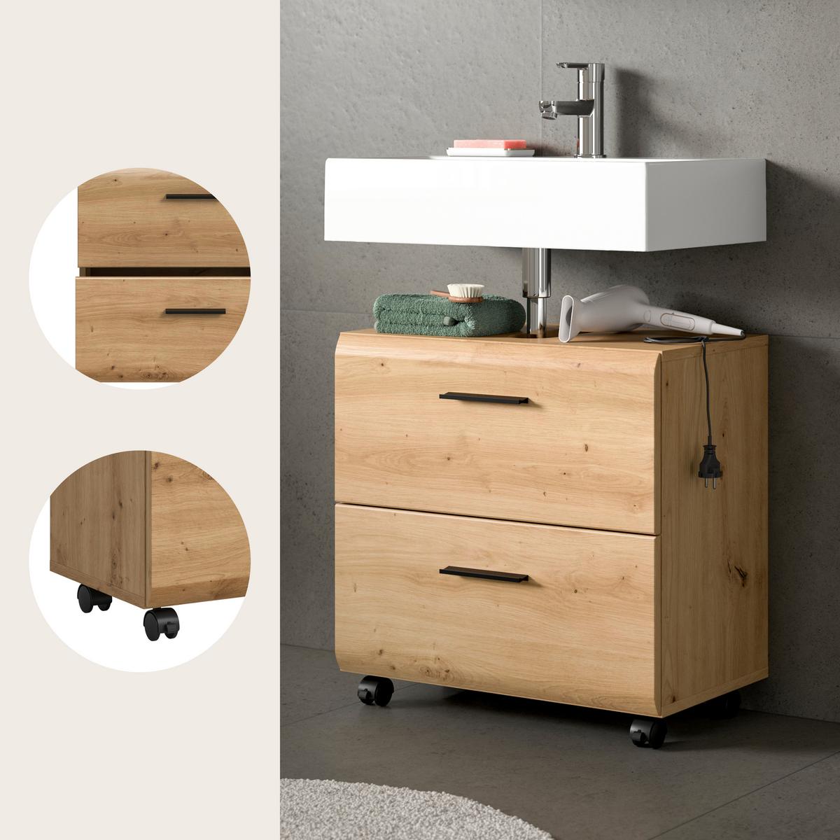 WASCHBECKENUNTERSCHRANK Ice Eiche Dekor B: 60cm - Schwarz/Eiche Artisan, Trend, Holzwerkstoff (60/58/30cm) - MID.YOU