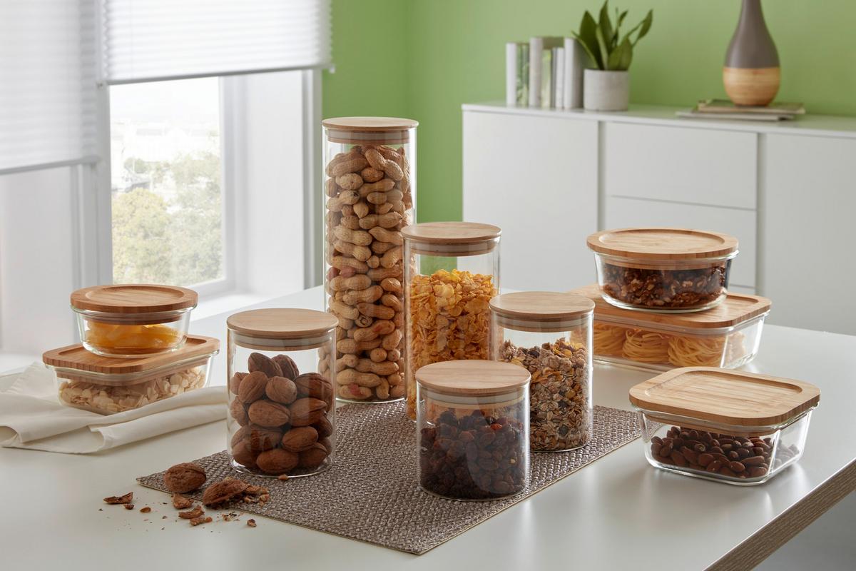 Dóza na potraviny Hedvig, Ø/V: 10/19cm - přírodní barvy, dřevo/sklo (10/19cm) - Zandiara