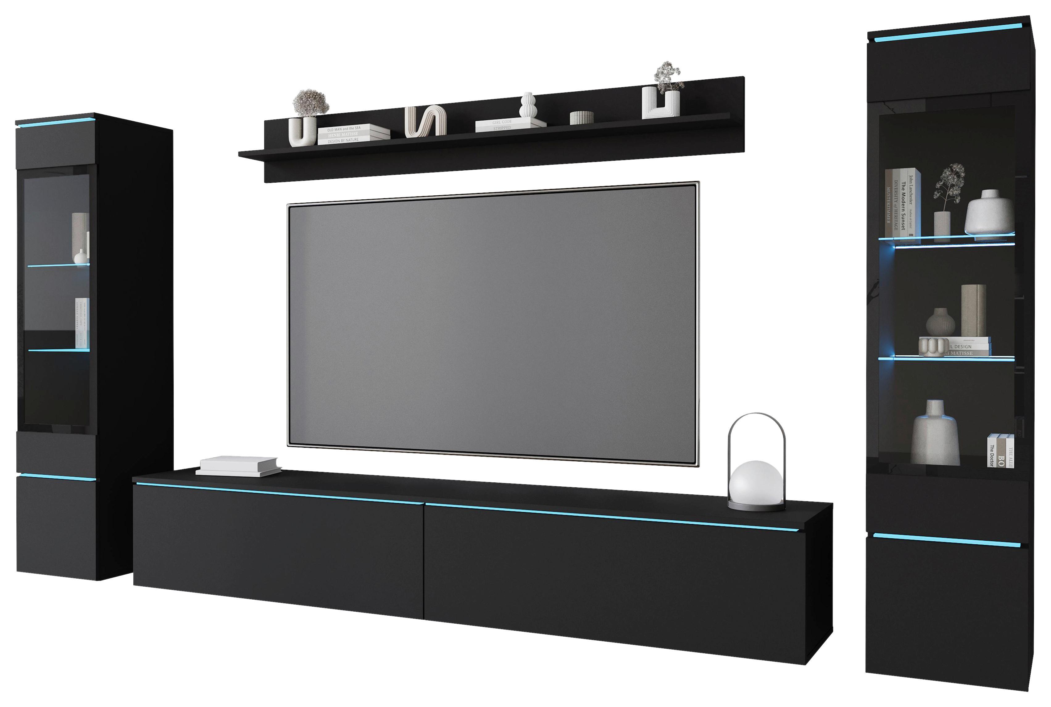 Wohnwand Vera II 4-teilig Schwarz B: 240cm - Schwarz/Graphitfarben, Design, Glas/Holzwerkstoff (240/130/33cm) - P & B