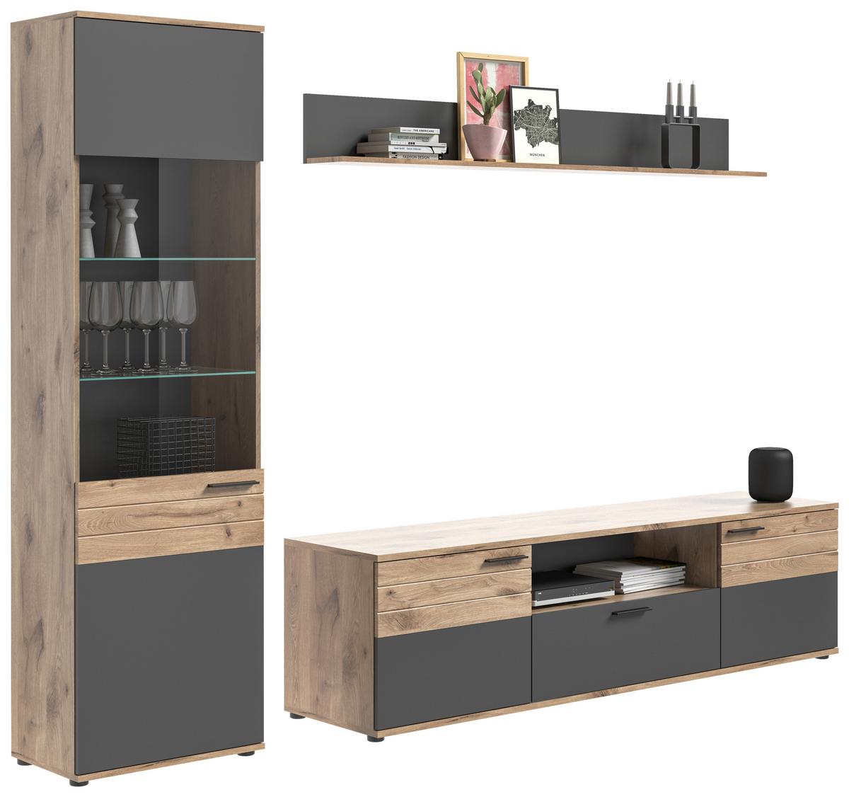 Wohnwand Mason Grau B: 266 cm - Grau, KONVENTIONELL, Glas/Holzwerkstoff (266/200/47cm) - MID.YOU