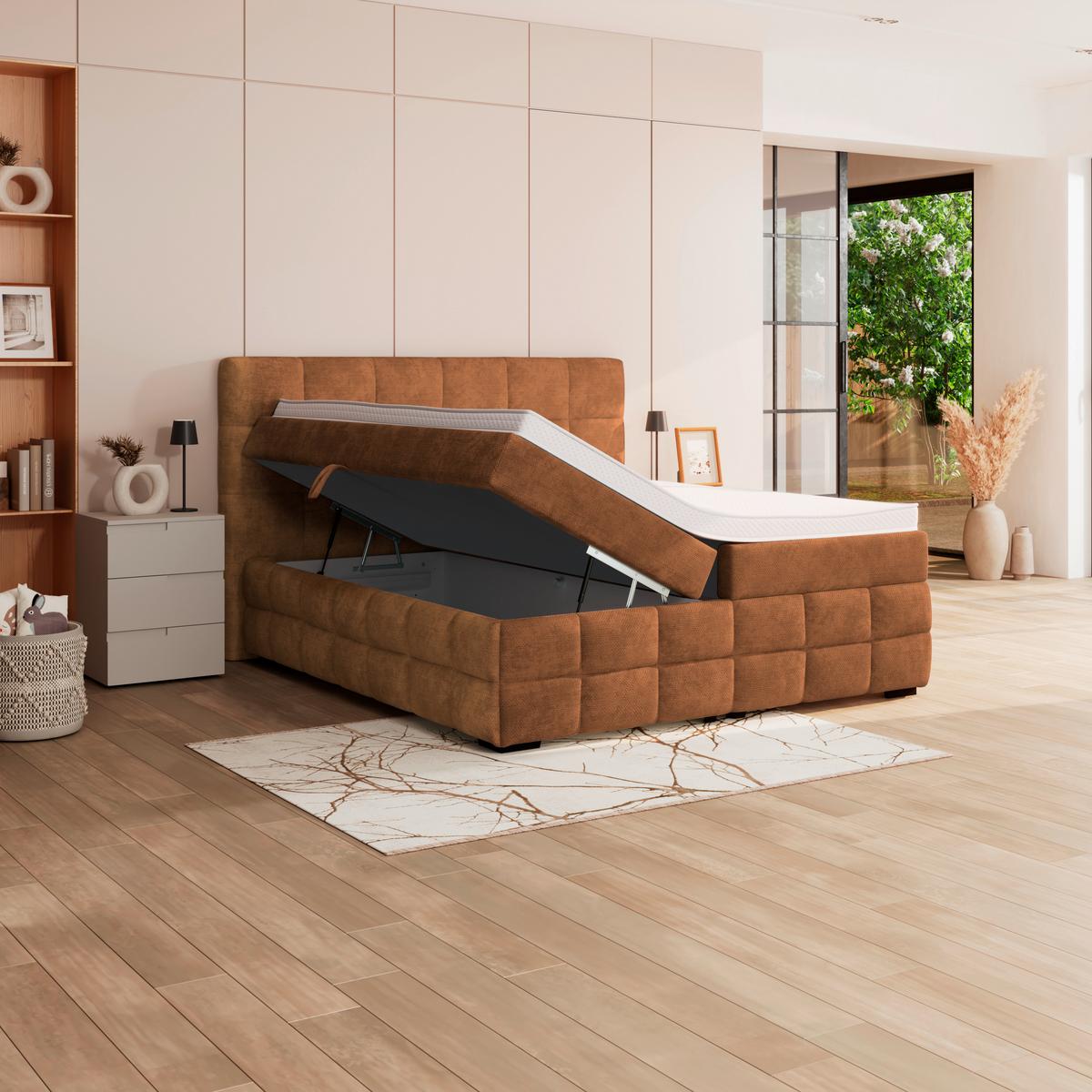 Čalúnená posteľ VEGA 180x200 cm, hrdzavá - čierna/hrdzavá, Trend, drevo/textil (180/200cm)