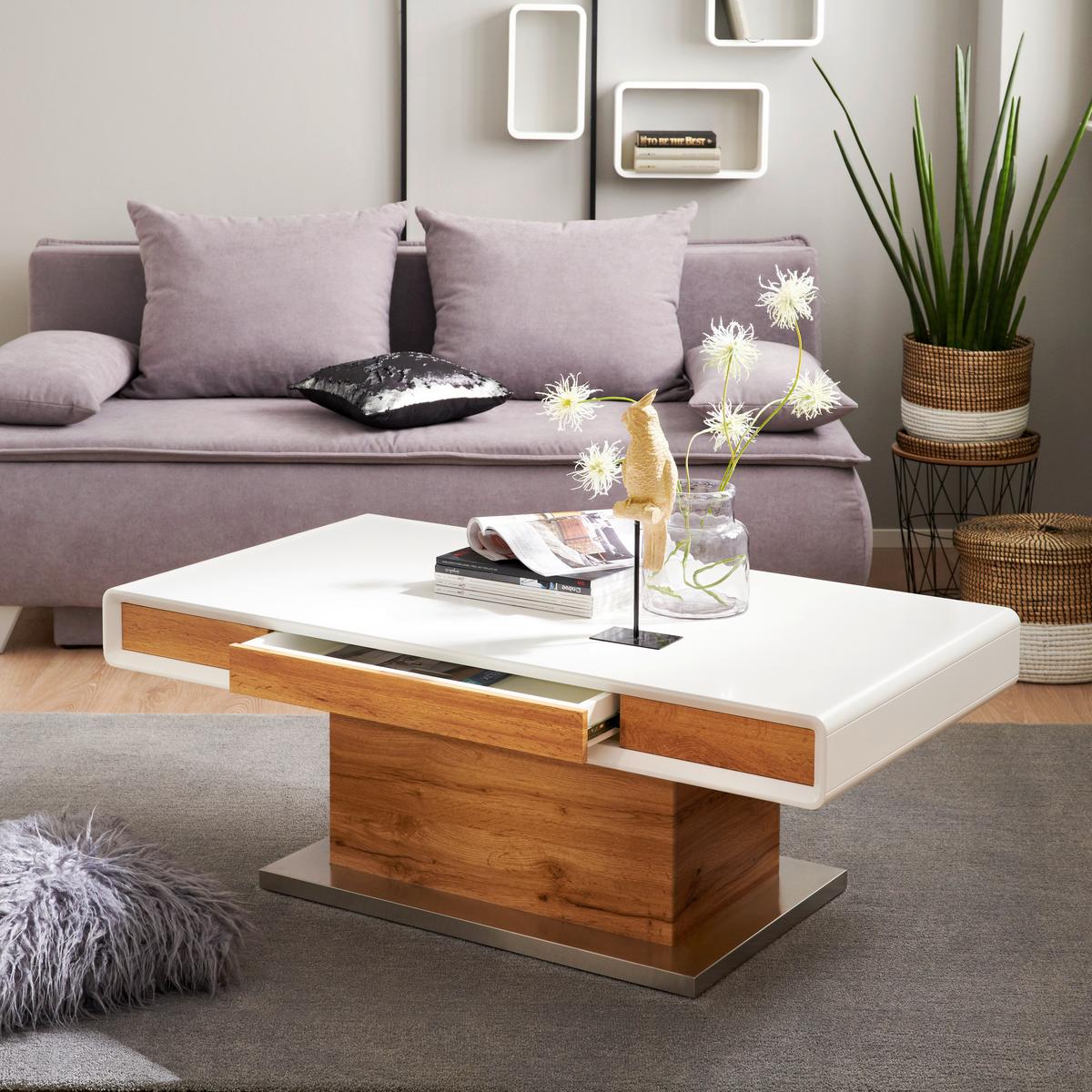 Dohányzóasztal Kopenhagen - tölgyfa színű/nemesacélszínű, Modern, faalapú anyag/fém (130/49-78/70cm)