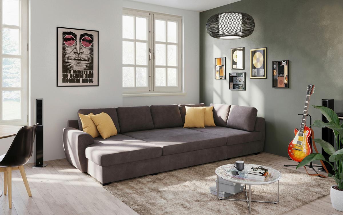 Wohnlandschaft m. Bettfunktion Mirkrofaser braun, B: 327cm - Schwarz/Braun, Trend, Textil (154/327/86cm) - MID.YOU
