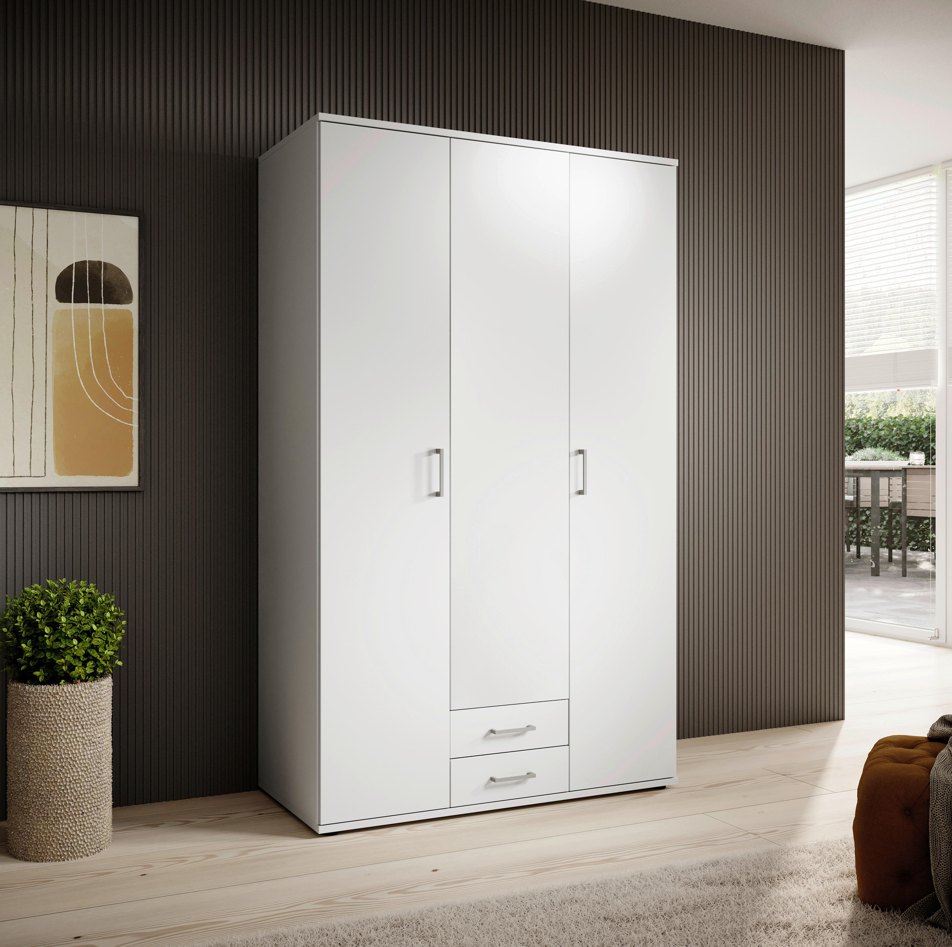 Drehtürenschrank Mit 2 Laden 120 cm Paul, Weiß 3-Türig - Weiß, Basics, Glas/Holzwerkstoff (120/196/54cm)