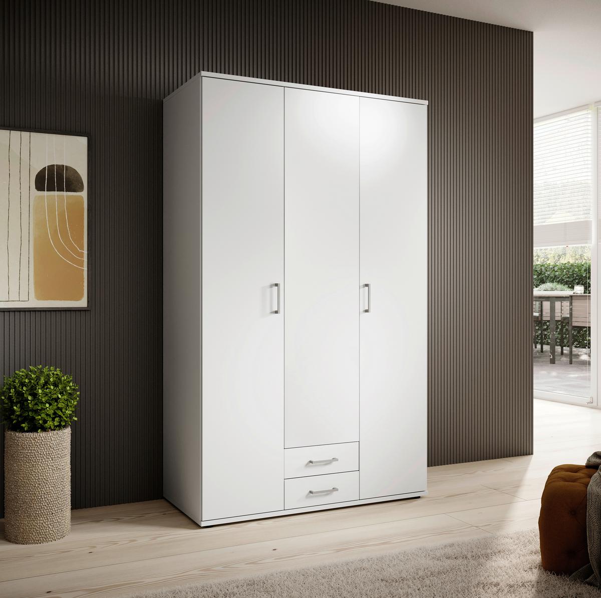 Drehtürenschrank Mit 2 Laden 120 Cm Paul, Weiß 3-Türig - Weiß, Basics, Glas/Holzwerkstoff (120/196/54cm)