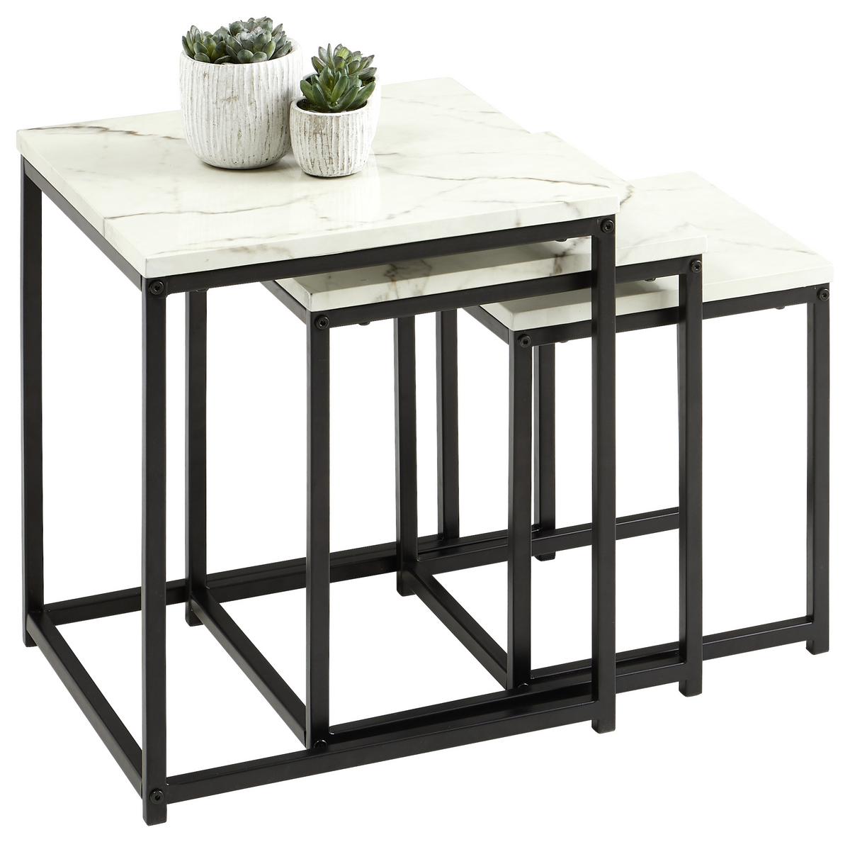 Beistelltisch Marmor-optik 3er-Set Torano, Schwarz/weiß - Schwarz/Weiß, Trend, Holzwerkstoff/Metall - MID.YOU