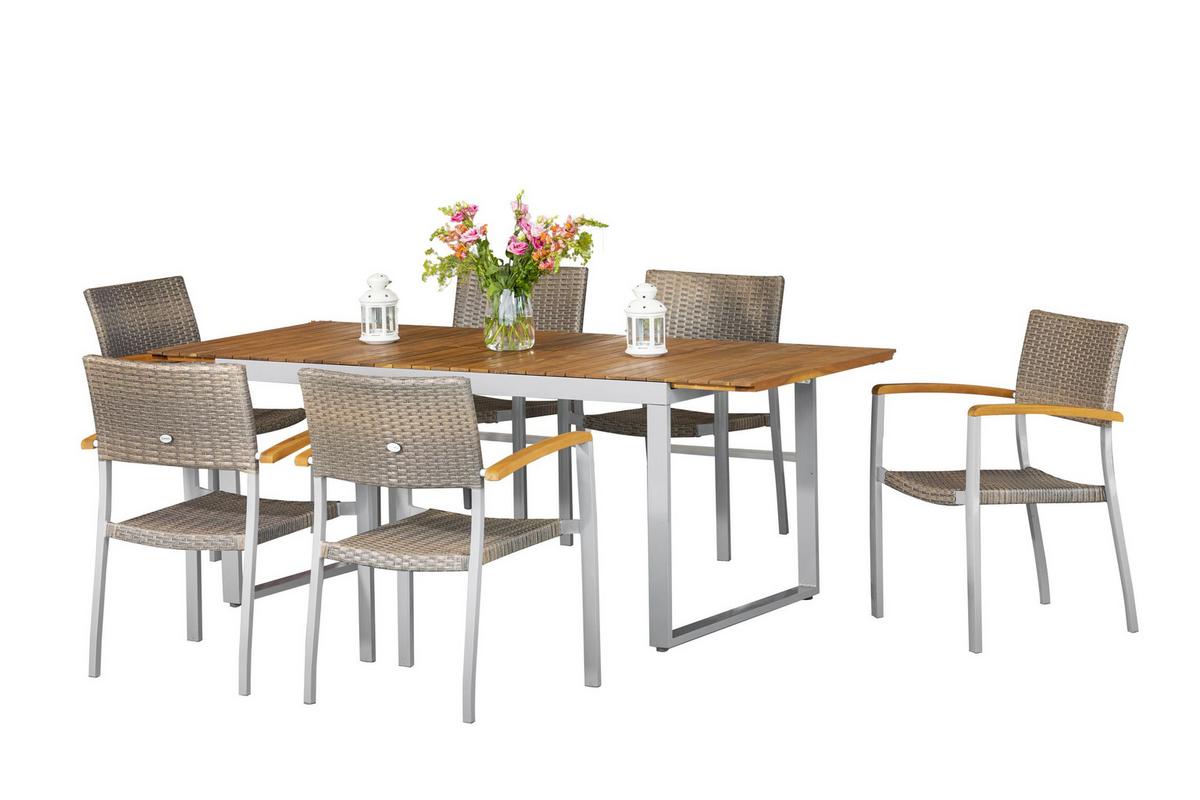 Gartengarnitur 7-Tlg. Silano Alu/Holz/Kunststoff - Naturfarben, ROMANTIK / LANDHAUS, Holz/Kunststoff - Gardenson