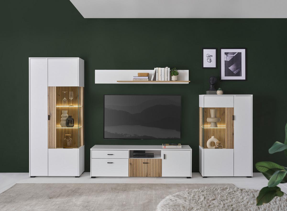 Hudson Wohnwand Weiß/Eichefarben B: 320 cm - Eichefarben/Schwarz, Design, Glas/Holzwerkstoff (320/180/42cm) - MID.YOU