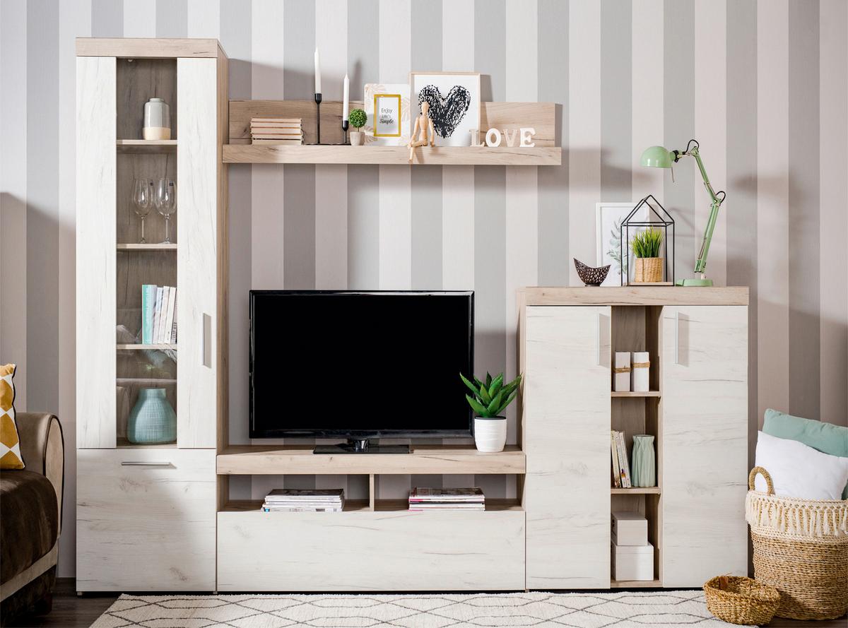 Szekrénysor Arno - Bianco tölgy/szürke tölgy, Modern, faalapú anyag/üveg (262/195/35cm) - Best Price