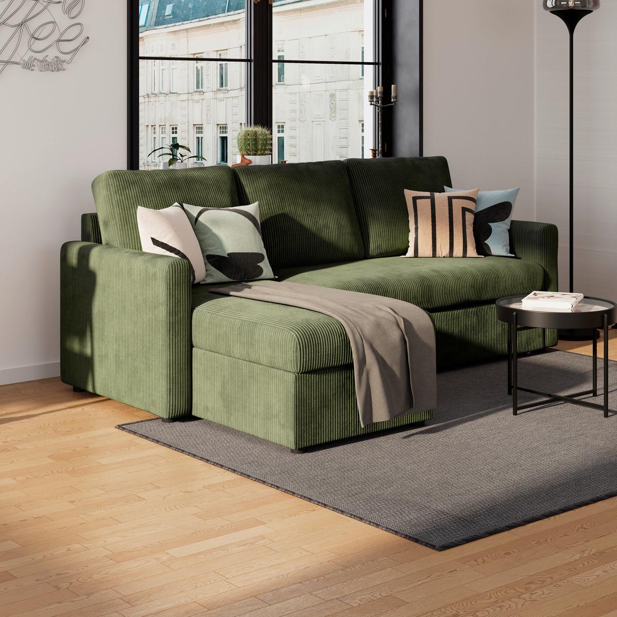 Ecksofa mit Schlaffunktion Paris Grün Cord 215x145cm - Schwarz/Grün, Basics, Holz/Holzwerkstoff (215/145cm)
