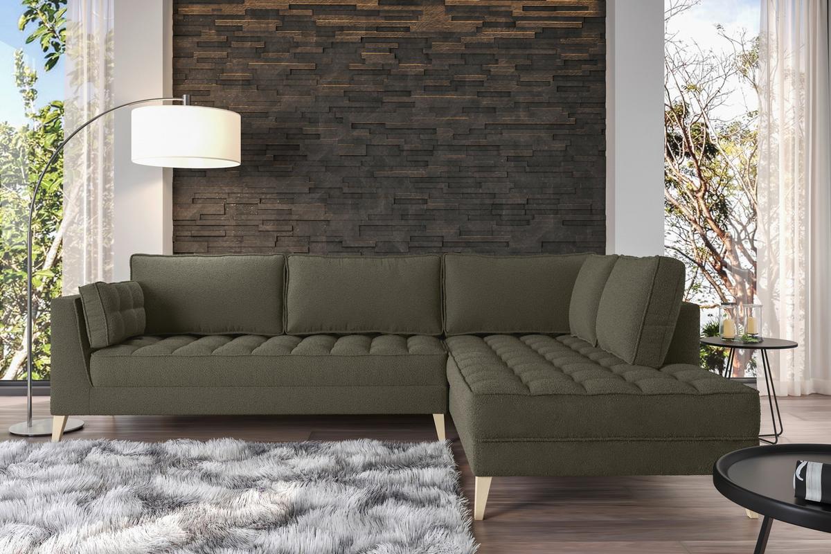 Rohová sedačka DOTI, pravá, tmavě zelená - tmavě zelená/přírodní barvy, Design, kompozitní dřevo/textil (310/204cm) - MID.YOU