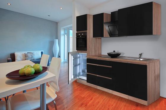 Grifflose Küche in Schwarz Hochglanz und Eiche Dekor Moderner Küchenblock mit Elektrogeräten