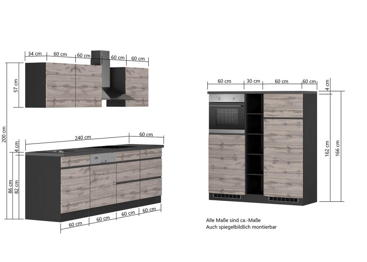 Zweizeilige Küche Turin 390 cm mit Geräten Grafit/Eiche Dekor - Eiche Wotan/Graphitfarben, Design, Holzwerkstoff (240-150cm) - Held