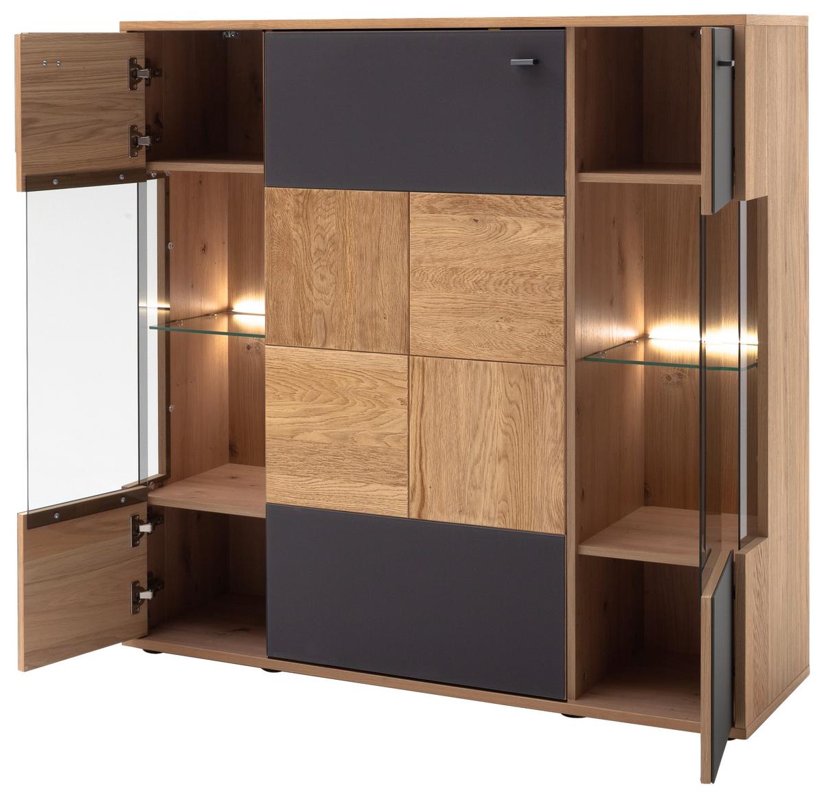 Highboard Echtholz B: 124 cm Valencia Anthrazit/Eiche - Eiche Bianco/Anthrazit, Design, Glas/Holz (124/120/37cm) - MID.YOU