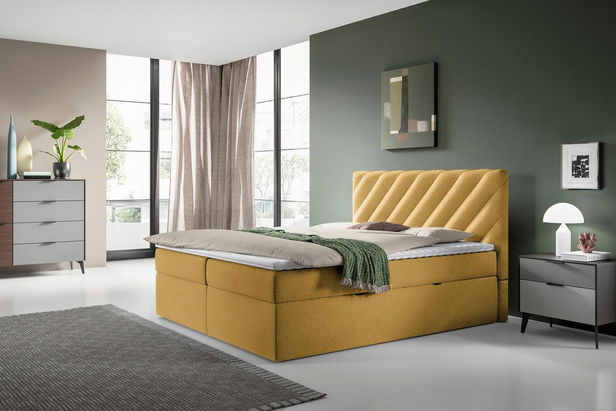 Boxspringbett mit Topper Senfgelb 140x200 cm Gusto - Gelb/Schwarz, MODERN, Textil (140/200cm) - MID.YOU