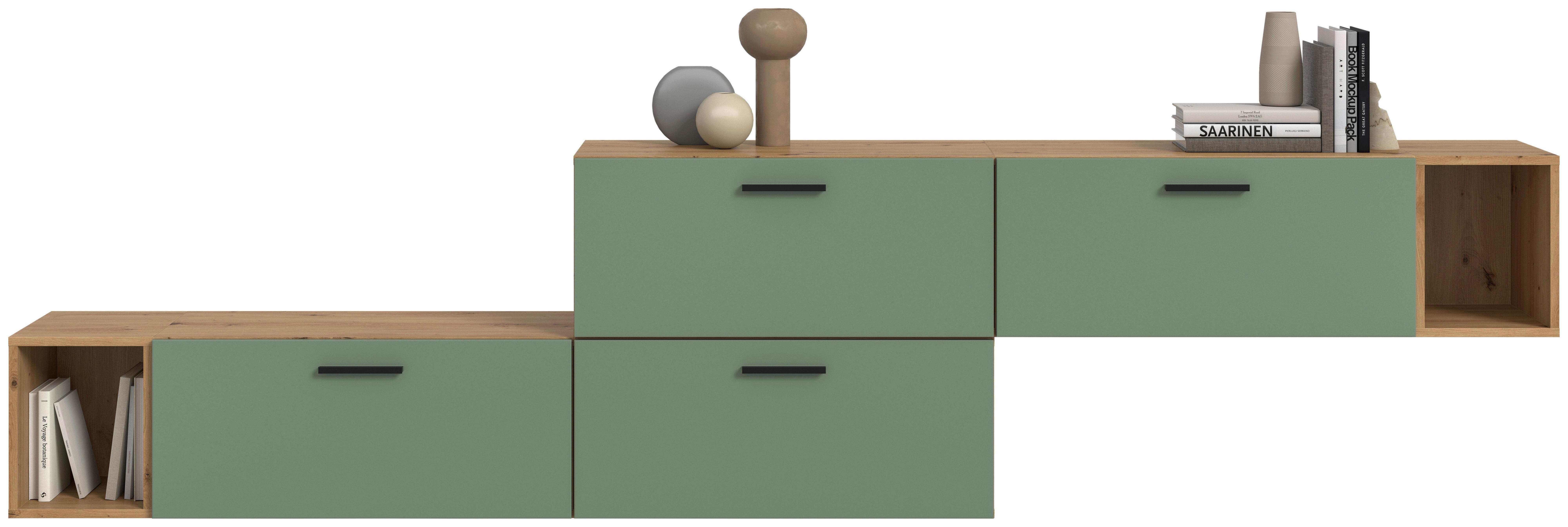 Wohnwand, The ONE 4, B: 276 cm Olivgrün/Artisan Eiche Dekor - Schwarz/Weiß, Trend, Holzwerkstoff (276/97/34cm)