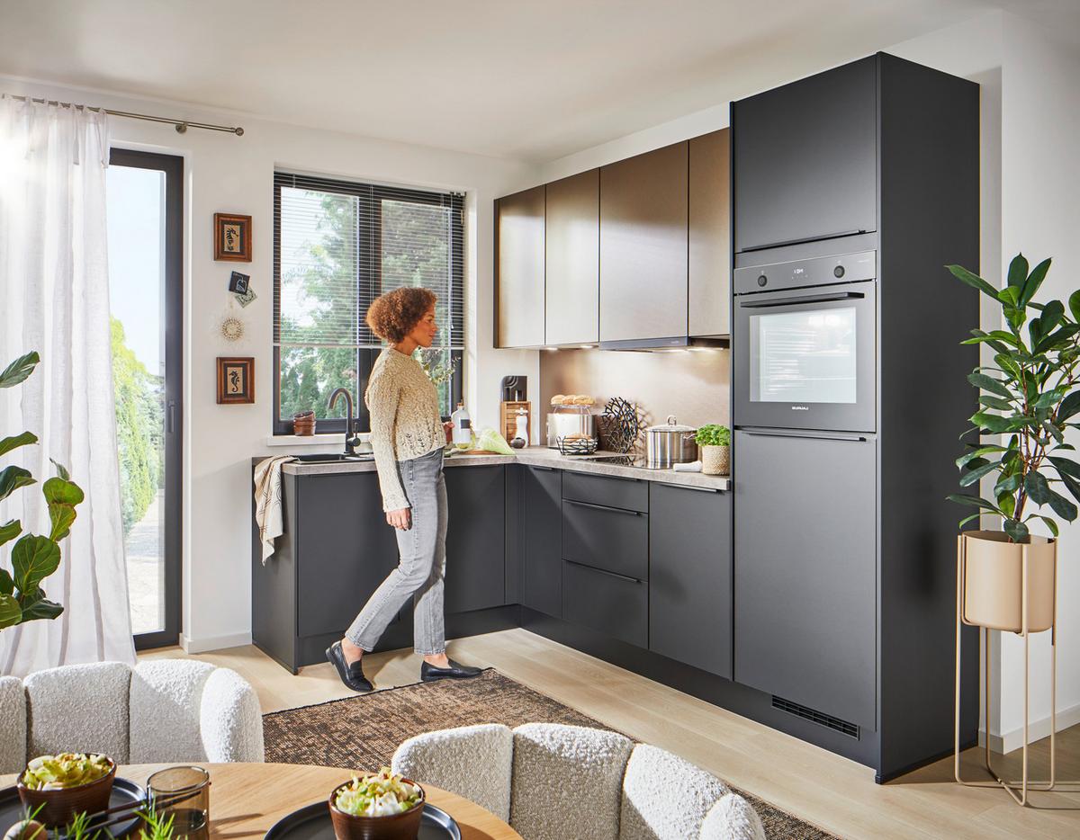 Eckküche Pn210/205 - Taupe/Schwarz, Basics, Holzwerkstoff (178/264cm) - Pino
