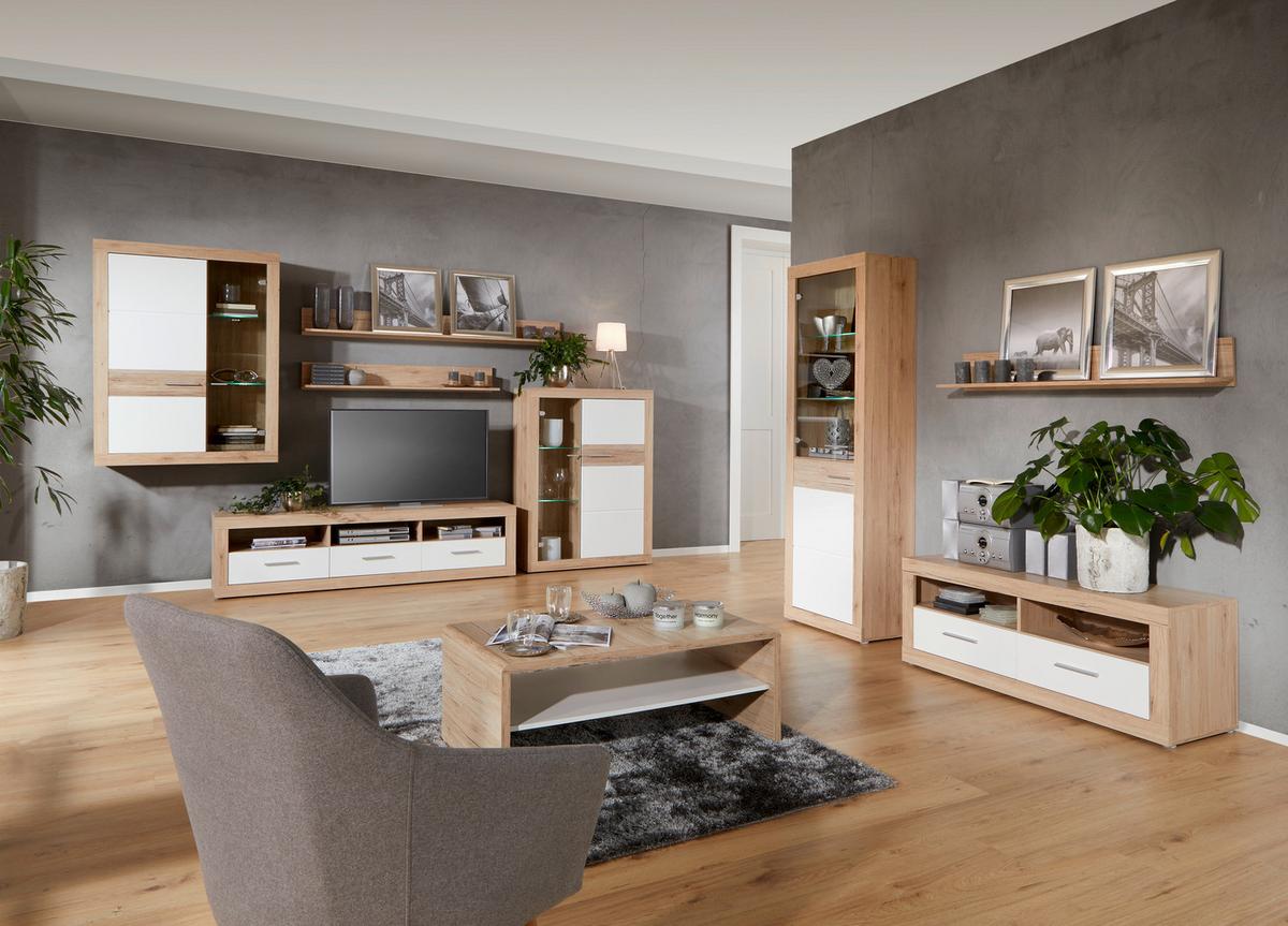 Wohnkombination 5 -teilig. Malta, San Remo Hell/weiß - Eichefarben/Weiß, MODERN, Glas/Holzwerkstoff (329/197/42cm)