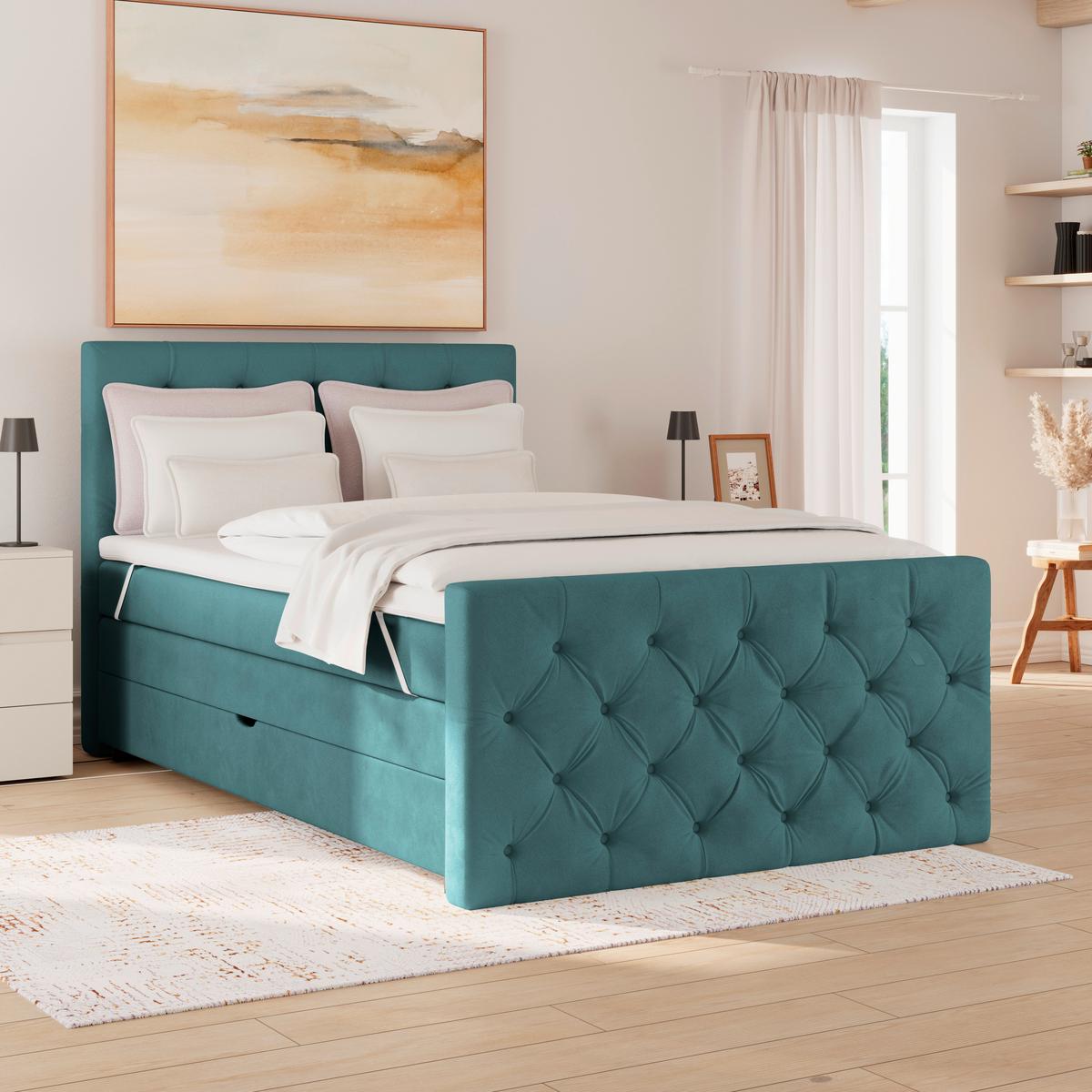 Boxspringbett Elio Petrol 140x200 cm H4 - Beige/Petrol, ROMANTIK / LANDHAUS, Textil (140/200cm) - James Wood