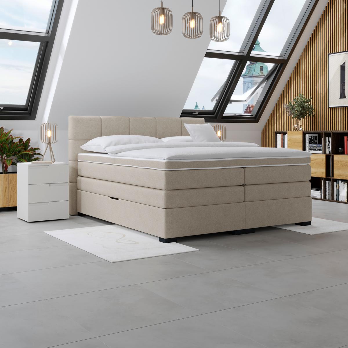Boxspringbett mit Topper 180x200 April - Beige/Schwarz, MODERN, Textil (180/200cm)