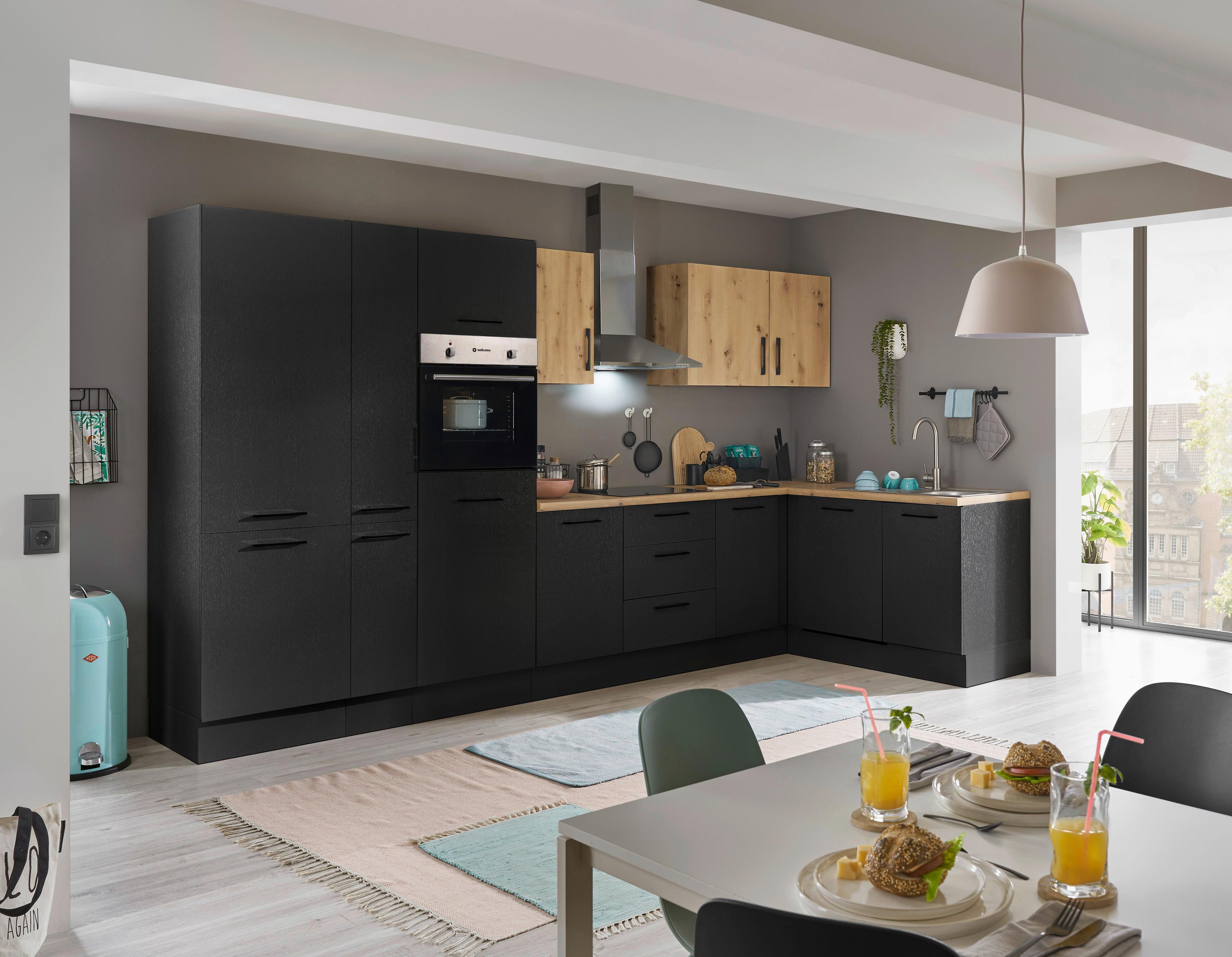 Eckküche Turin Schwarz/Eiche Dekor 370x175 cm - Schwarz/Eiche Artisan, Basics, Holzwerkstoff (370/175cm) - MID.YOU