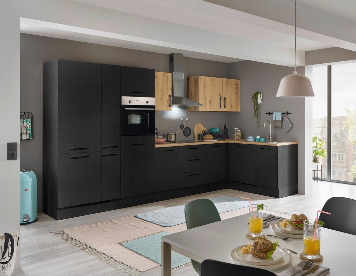 Eckküche Turin Schwarz/Eiche Dekor 370x175 cm - Schwarz/Eiche Artisan, Basics, Holzwerkstoff (370/175cm) - MID.YOU