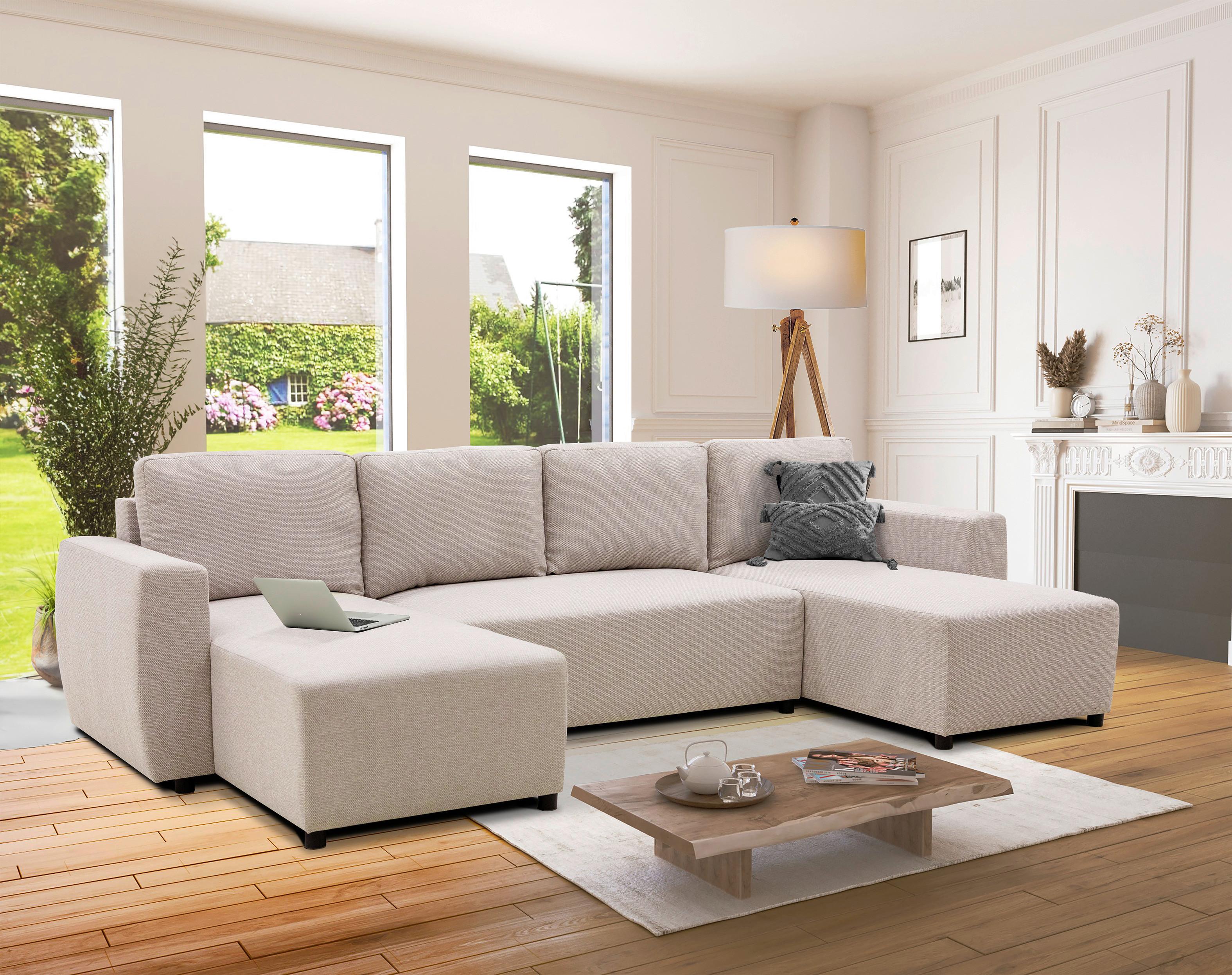 Wohnlandschaft Pharell Mit Schlaffunktion Beige - Beige/Schwarz, Basics, Textil (155/297/155cm) - Livetastic