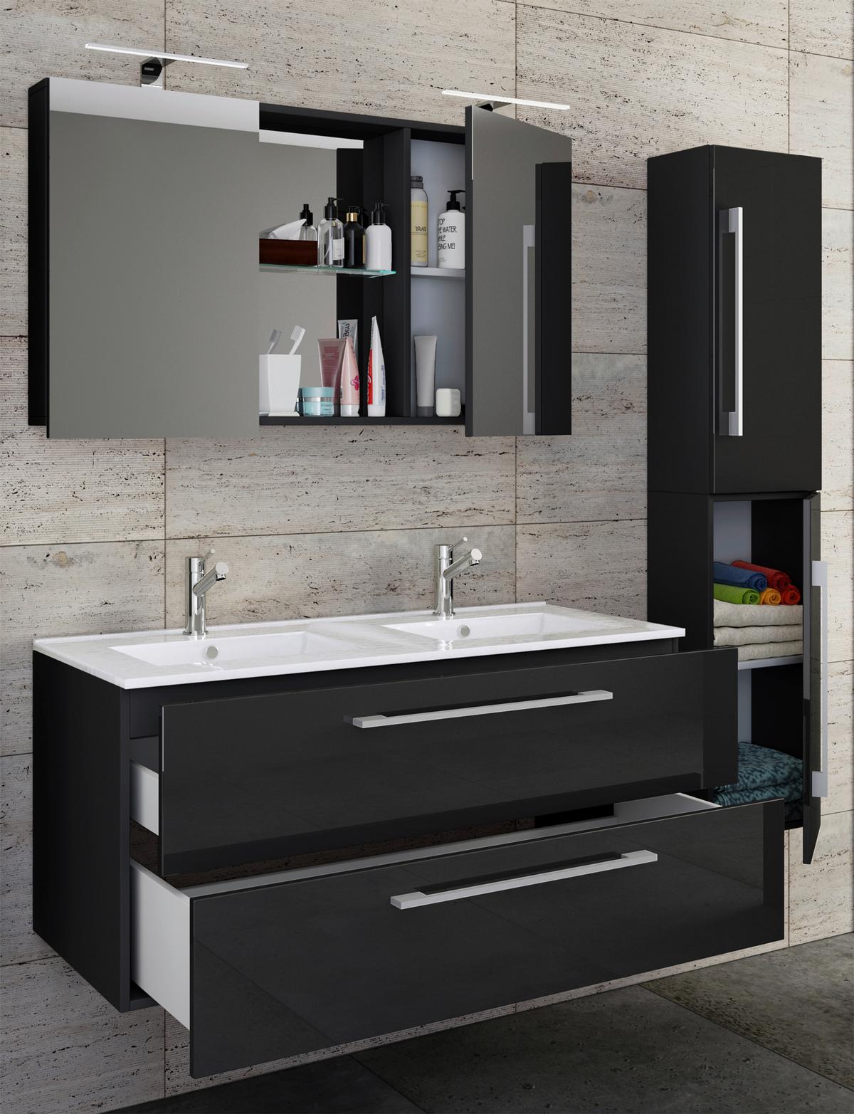 Badezimmer Budasi Schwarz B: 111 cm - Schwarz/Weiß, MODERN, Keramik/Holzwerkstoff (145cm) - MID.YOU