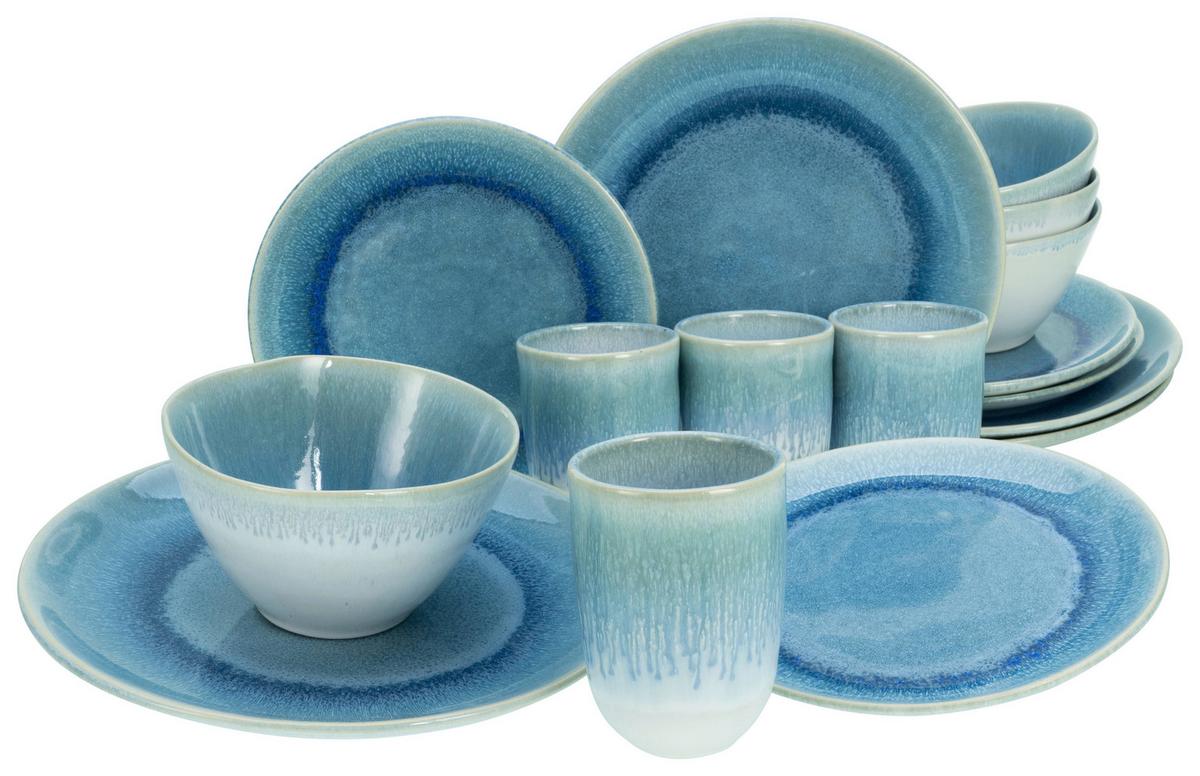 Kombinovaný servis Aquarius modrý, 16 dielny pre 4 osoby - modrá/biela, Trend, keramika (41/35/34cm) - Creatable