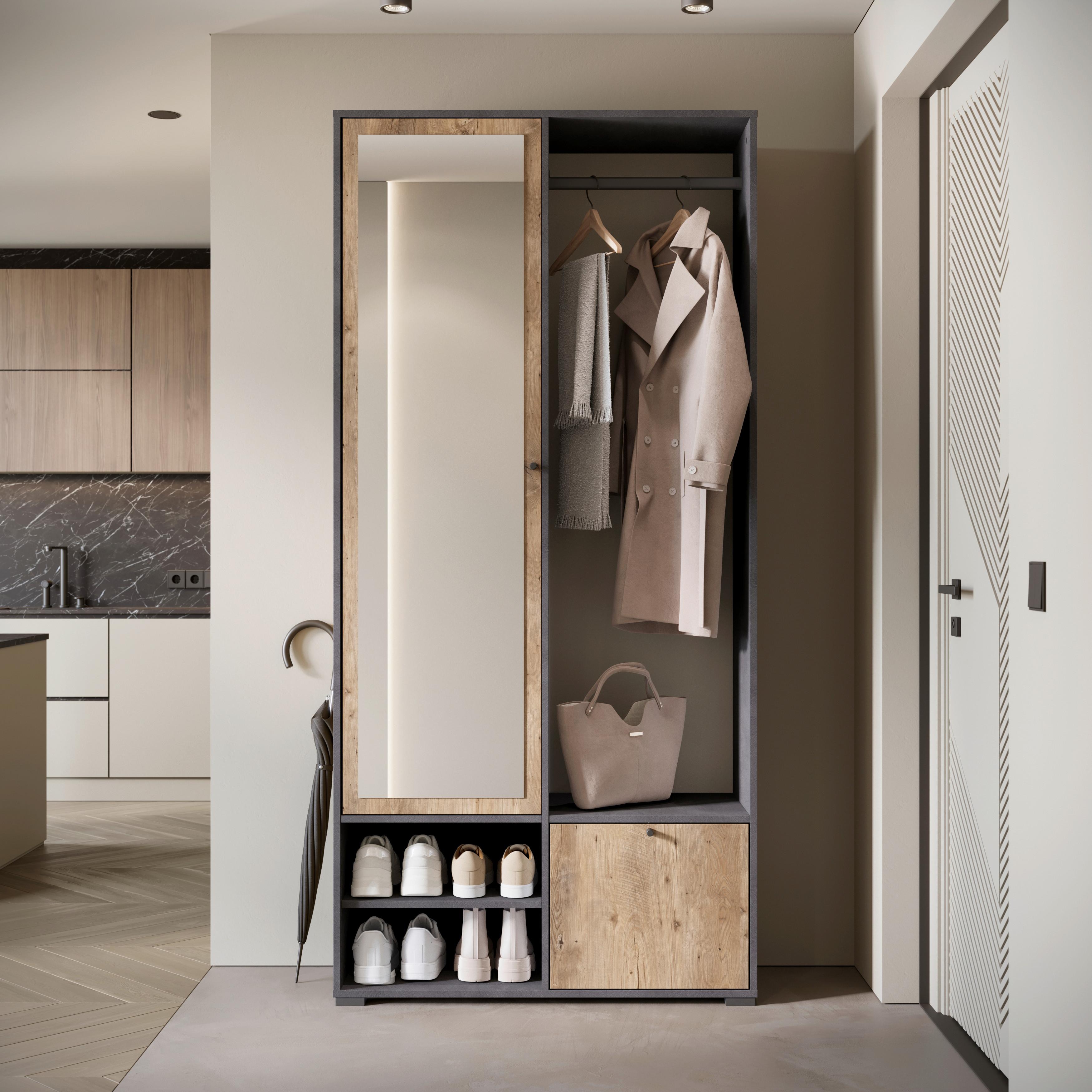 Garderobe Dino Anthrazit- Kastanieneichefarben B: 90 cm - Kastanieneichefarben/Anthrazit, Trend, Holzwerkstoff (90/190/33cm)