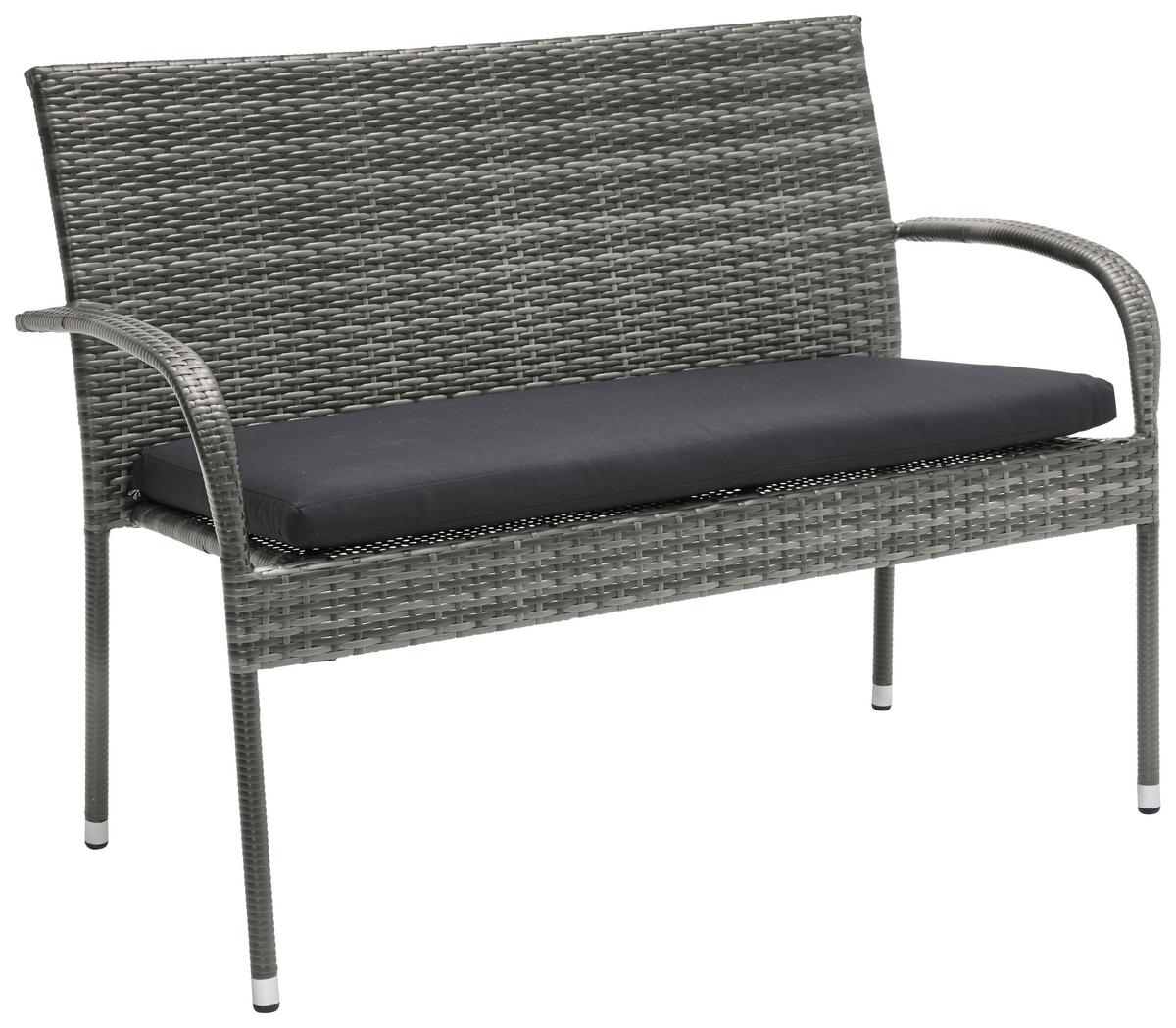 Gartenbank Polyrattan 2-Sitzer Marie inkl. Sitzpolster - Schwarz/Grau, Kunststoff/Textil (120/87/64cm) - Ondega