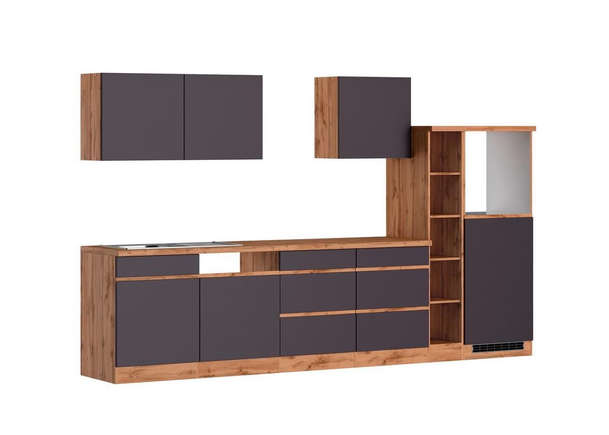 Küchenzeile Turin ohne Geräte B:330cm Grau/Wotan Eiche Dekor - Eiche Wotan/Grau, Design, Holzwerkstoff (330cm) - Held