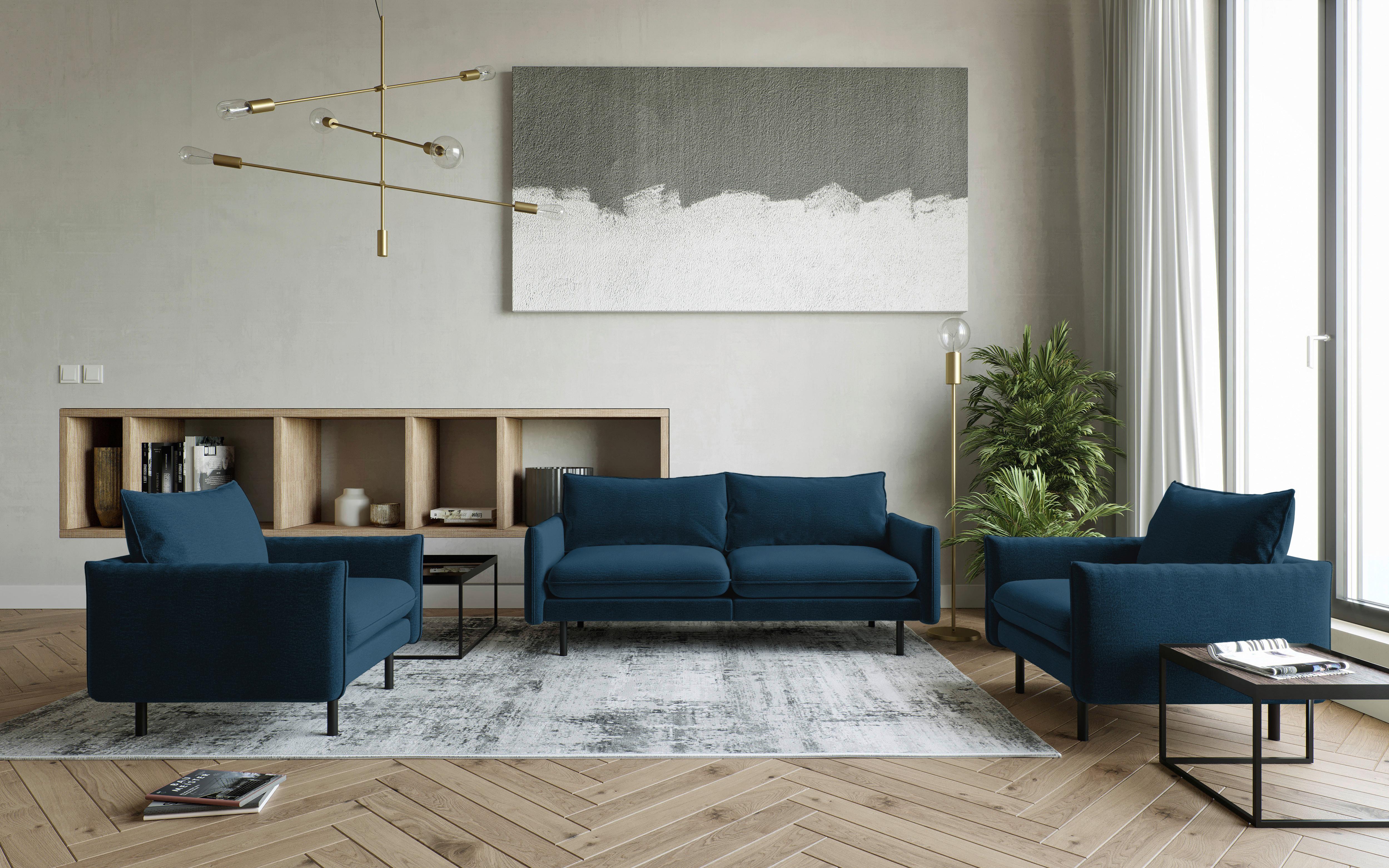 Sitzgarnitur Samos 3-teilig Blau B: 215 Cm - Blau/Schwarz, Design, Textil (215/85/92cm) - Livetastic