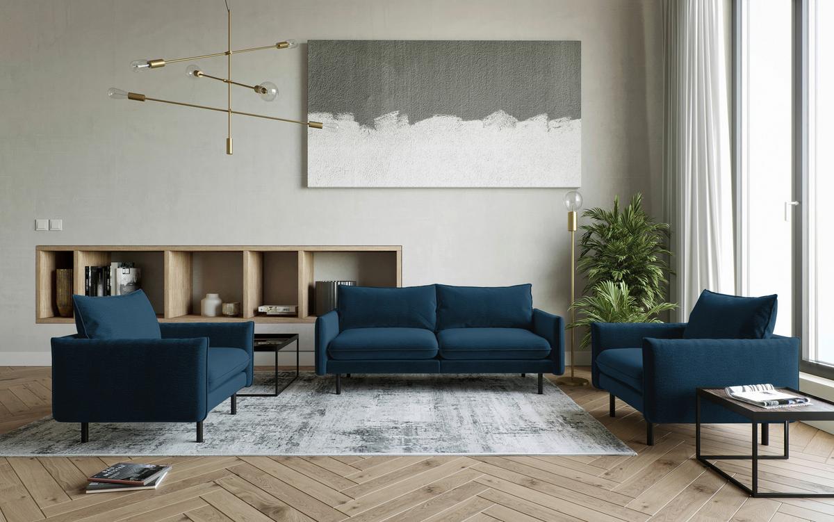 Sitzgarnitur Samos 3-teilig Blau B: 215 Cm - Blau/Schwarz, Design, Textil (215/85/92cm) - Livetastic