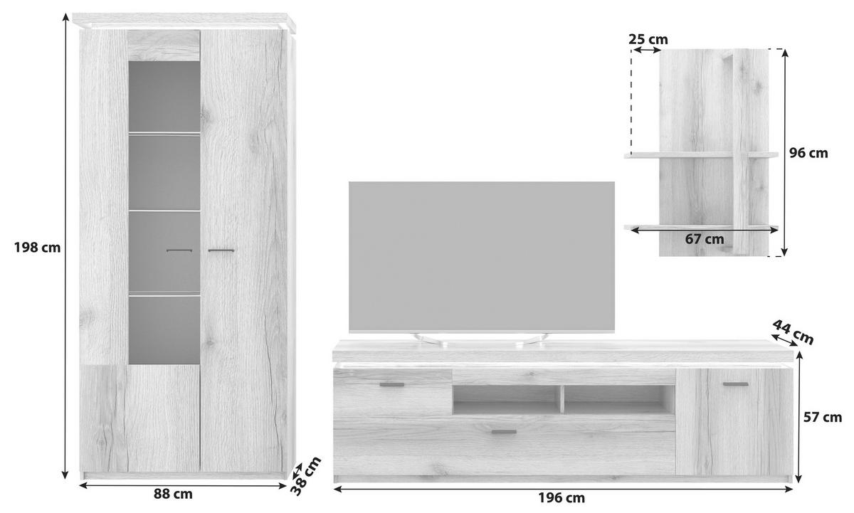 Wohnkombination Modern 3 -teilig. Mit Led Vancouver, Eiche Dekor - Eichefarben, MODERN, Glas/Holzwerkstoff (284/198/44cm)