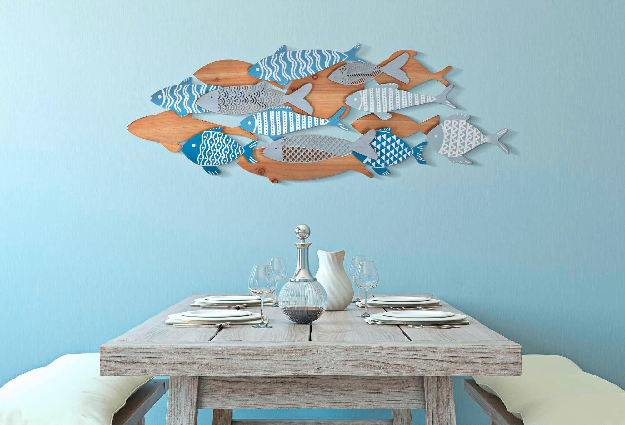 Wanddeko Fish Sea Blau, Wildeiche Dekor B: 91 Cm - Basics, Holzwerkstoff/Metall (91/33.5/3cm)