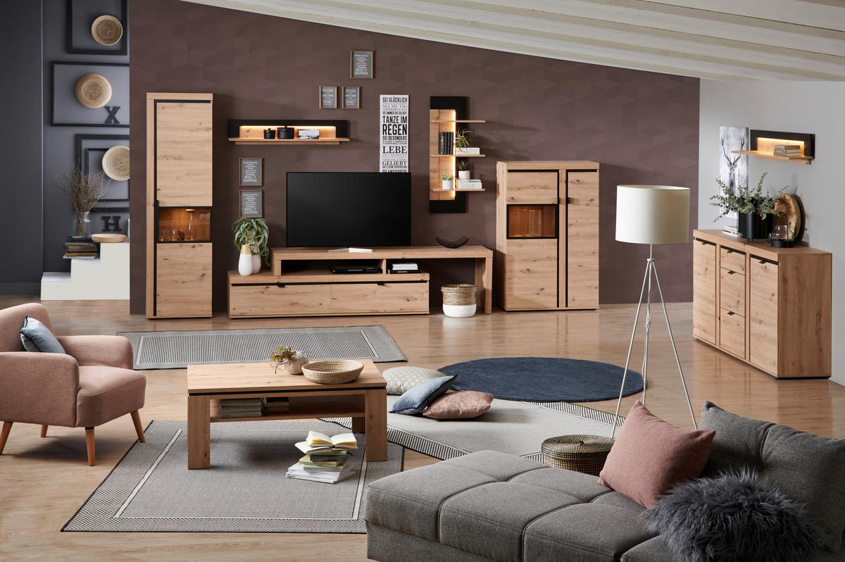 TV-Lowboard Nyon B: 200-275 cm Eiche Artisan Dekor/Schwarz - Schwarz/Eiche Artisan, MODERN, Holzwerkstoff (200-275/58/50cm)