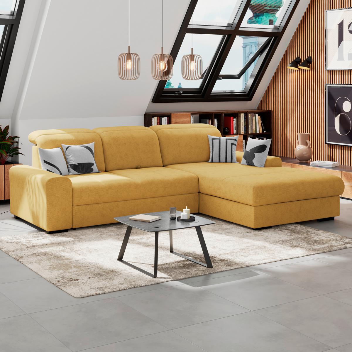 Ecksofa mit Bettfunktion Malaga new Chenille gold - Gelb/Schwarz, KONVENTIONELL, Textil (286/203cm) - Ondega