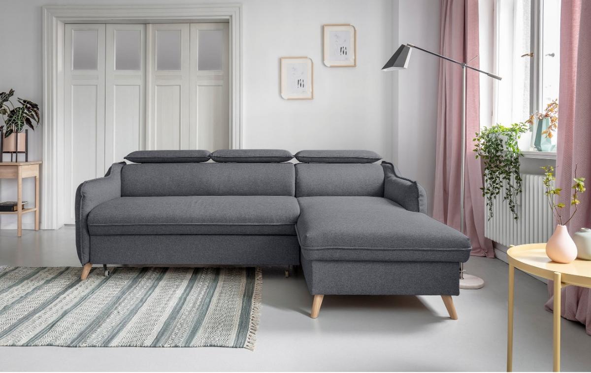 Rozkládací sedačka Simone, pravé provedení - šedá/přírodní barvy, Moderní, dřevo/textil (228/82/95/162cm)