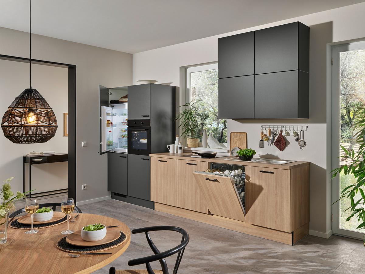 Kuchyňský blok bez spotřebičů a dřezu - barvy dubu/černá, Moderní, kov/kompozitní dřevo (340cm) - Pino